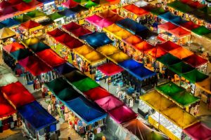 Aerial view of a famous night market in Bangkok